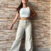 wide leg dama beige con roturas rígido