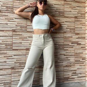wide leg dama beige con roturas rígido