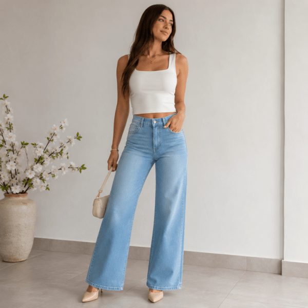 Wide Leg Celeste Localizado Elastizado